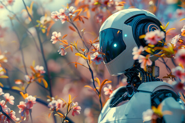 artificial intelligence robot standing in flowers, spring season, generative by ai