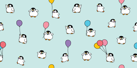 Seamless Pattern of Cartoon Penguin and Balloon Design on Pastel Green Background
