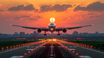 A majestic jetliner soaring into the sky from a busy airport runway bathed in the warm hues of a vibrant sunset, its landing gear still extended as it gracefully lifts off the ground. - obrazy, fototapety, plakaty