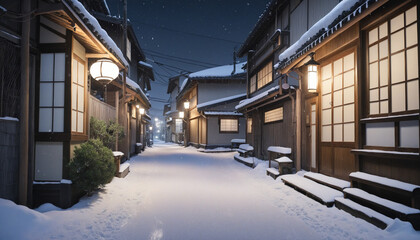 Anime-style illustration of a snowy Japanese alley colorful background