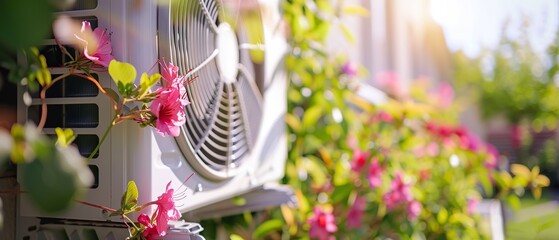 A white air conditioner unit with pink flowers growing out of it. The flowers are in full bloom and are covering the entire unit - obrazy, fototapety, plakaty