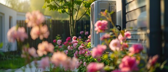 A beautiful garden with pink flowers and a white air conditioner. The flowers are in full bloom and the air conditioner is placed in the background. The garden is a peaceful and serene place - obrazy, fototapety, plakaty