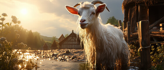 a goat standing in the water near a small village