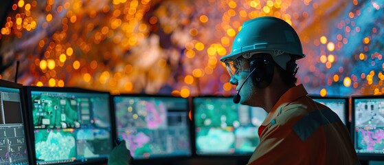 A man in a white helmet is working on a computer monitor with a headset on. The computer monitors are all turned on and the man is focused on his work