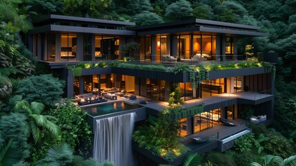 Luxurious Cliffside Villa with Infinity Pool and Waterfall at Night