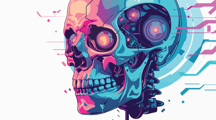 Skull with cybernetic implants and glowing neon accen - obrazy, fototapety, plakaty