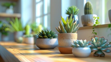 A window sill with a variety of potted plants, including cacti and succulents
