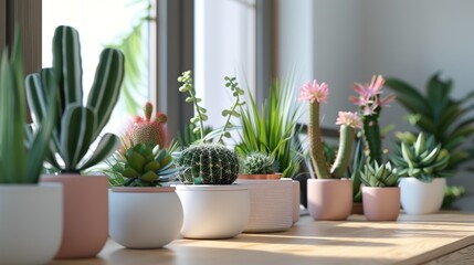 A row of potted plants sit on a wooden table, with some of them being cacti. The plants are arranged in various sizes and colors, creating a visually appealing display