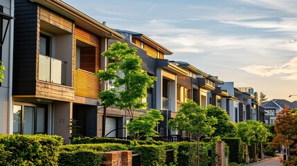 A row of tall buildings with a green tree in front of them. The sky is cloudy and the sun is setting