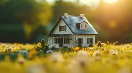 A small white house is sitting in a field of yellow grass. The house is surrounded by flowers and the sun is shining brightly on it. The scene is peaceful and serene