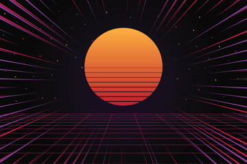 Pixel art background. 8 bit game. retro game. for game assets in vector illustrations. Retro Futurism Sci-Fi Background. glowing neon grid. and stars from vintage arcade comp - obrazy, fototapety, plakaty