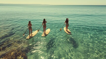 Three happy women stands on a sup boards. In the background, the ocean and the sunset