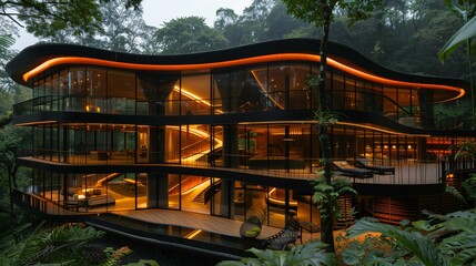 Obraz premium Modern Architectural Building nestled in Lush Forest at Twilight