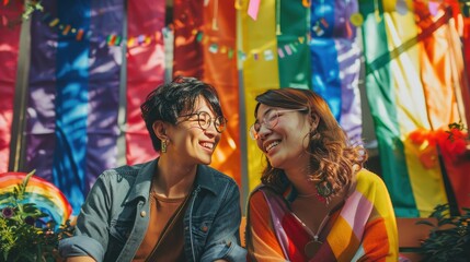 A dynamic duo of Asian podcasters discussing LGBTQ topics, surrounded by rainbow flags and traditional Asian motifs