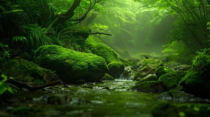 Enchanted Forest Stream with Mossy Rocks