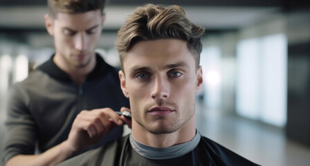 Barber Styling Hair of Handsome Young Man