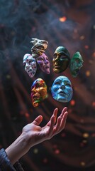 A hand is holding up a collection of masks, each with a different face. The masks are of various colors and styles, and they seem to be floating in the air. Concept of wonder and curiosity