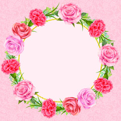 薔薇とカーネーションの円形フレーム背景　母の日　素材　飾り枠　レース　メッセージカード　正方形