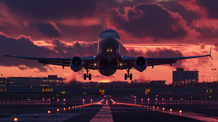 Bathed in the warm hues of a vibrant sunset, a majestic jetliner gracefully takes off from a bustling airport runway, its landing gear still extended as it ascends into the sky.