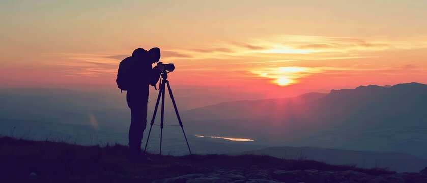 A man is taking a picture of a sunset with a camera. The sky is orange and the sun is setting. The man is wearing a backpack and is standing on a hill
