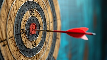 A red arrow is shot through a bullseye on a wooden target. Concept of focus and determination, as the arrow is aimed directly at the center of the target