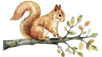 Squirrel on a tree. watercolor Flat vector