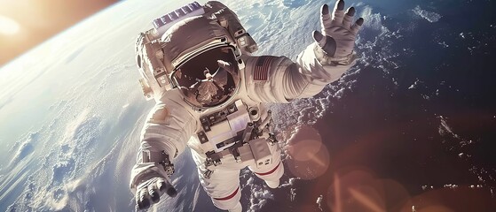 A man in a spacesuit is seen in the air, with the Earth below him. Concept of adventure and exploration, as the astronaut is reaching out to the sky. The vastness of space