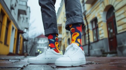 Colorful Socks and White Sneakers on Cobblestone Street
