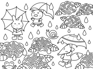傘をさす可愛い動物たちの塗り絵