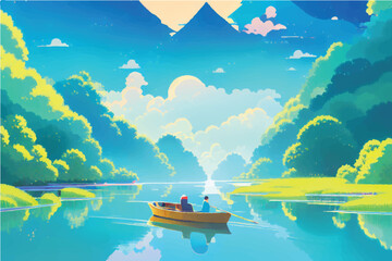 Boat in a beautiful Lake surrounded by Green Nature. Illustration. Illustration traveling boat in river, beautiful landscape, green trees, natural light, nature landscape background. Beautiful lake.
