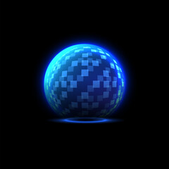 Blue glowing checkered sphere shield, vector illustration