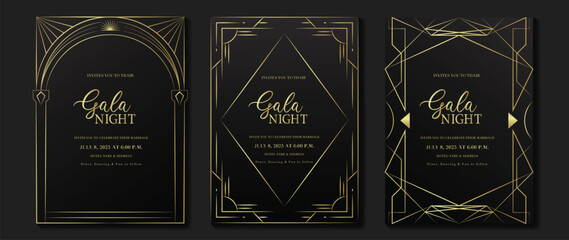 Luxury invitation card background vector. Elegant classic antique design, gold lines gradient on dark background. Premium design illustration for gala card, grand opening, art deco.