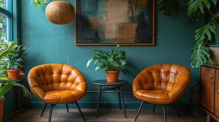 Chic Dining Nook with Leather Tufted Chairs and Vibrant Green Plants. Bohemian Chic Meets Mid-Century Modern: Eclectic Dining Space with Warm Leather Seating and Lush Foliage - obrazy, fototapety, plakaty