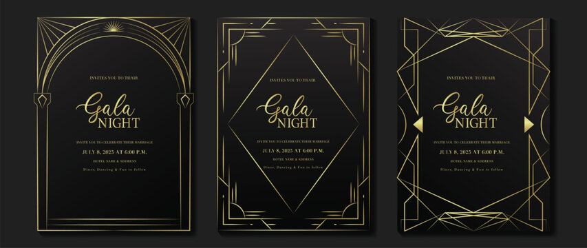 Luxury invitation card background vector. Elegant classic antique design, gold lines gradient on dark background. Premium design illustration for gala card, grand opening, art deco.