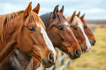 Obraz premium Four horses are standing next to a wooden fence. The horses are brown and white. The fence is wooden and has a rustic look. The scene is peaceful and calm. horses on a field behind a fence