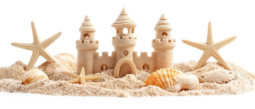 A sand castle and two starfish are on a white background. The sand castle is a small structure with a tower and a roof