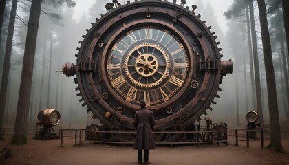 Fototapeta na wymiar A person standing in front of a large Old fashioned clockworks in the steampunk industry at forest