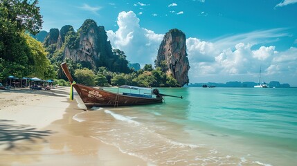 A boat is sitting on the beach next to a body of water. The sky is clear and the sun is shining
