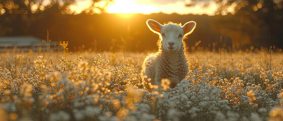 a sheep standing in a field of tall grass