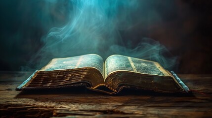 A book is open to a page with smoke coming out of it. The book is on a wooden table - obrazy, fototapety, plakaty