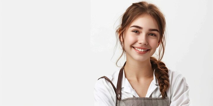 A woman with a smile on her face is wearing a white shirt and apron. She is posing for a photo