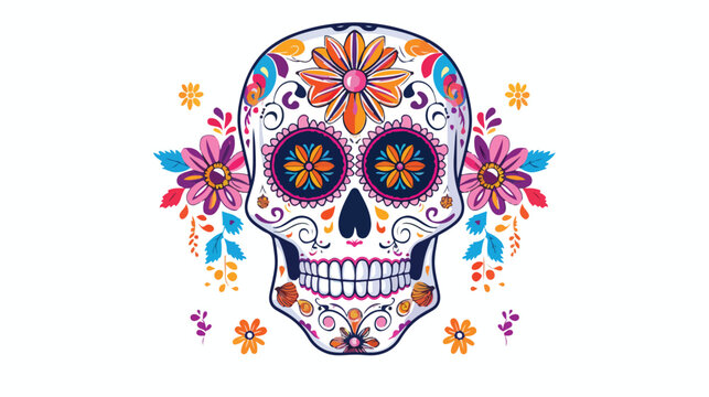 Sugar skull with vibrant colors and floral pattern