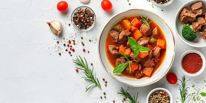 A bowl of beef stew with tomatoes and herbs on a wooden table.
A bowl of beef stew with tomatoes and herbs on a wooden table.
