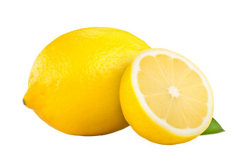 Lemon fruit with leaf isolate. Lemon whole, half, slice, leaves on white. Lemon slices with zest isolated. With clipping path. Full depth of field.