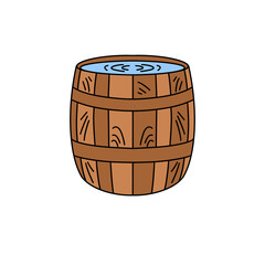 A wooden barrel with water in it. The barrel is brown and has a wooden lid. The water is clear and calm