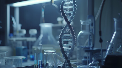 DNA double helix in chemistry lab, forensic lab, glass flasks and medical equipments, a grey science background,banner - obrazy, fototapety, plakaty
