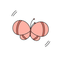 A pink butterfly with a black body and red stripes. The butterfly is drawn in a cartoon style and is sitting on a white background