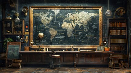 A blackboard with a map of the world on it. The room is filled with books and has a vintage feel