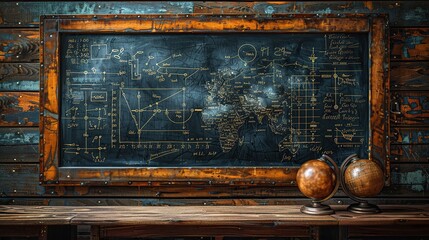 A blackboard with a drawing of a globe and a sphere on it. The blackboard is on a wooden table