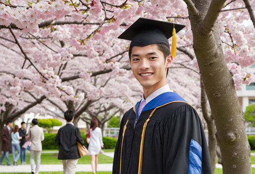 Cherry blossom trees and new students Entrance Graduation New life image Male colorful background